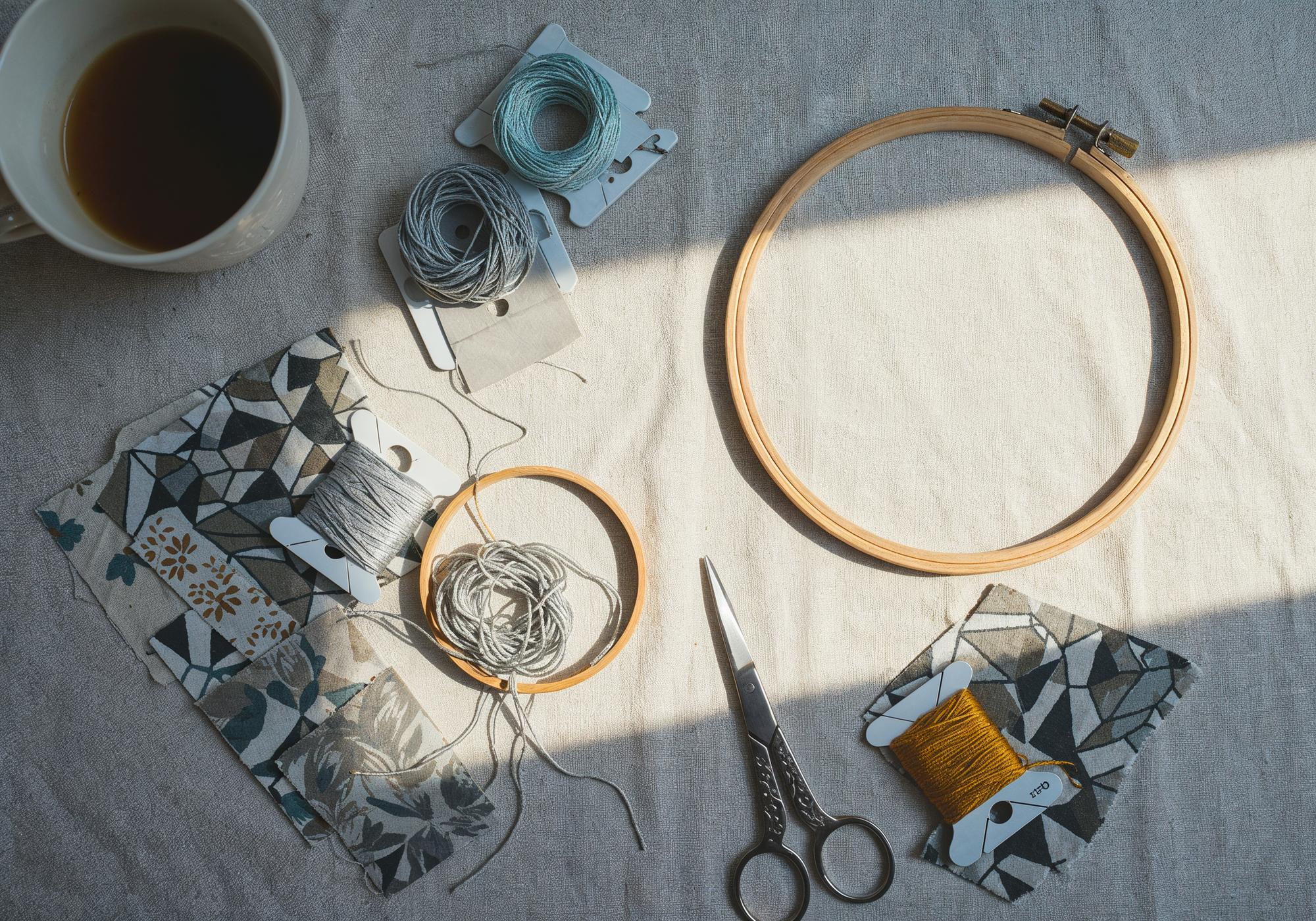 Studio table with threads, hoops and sketches