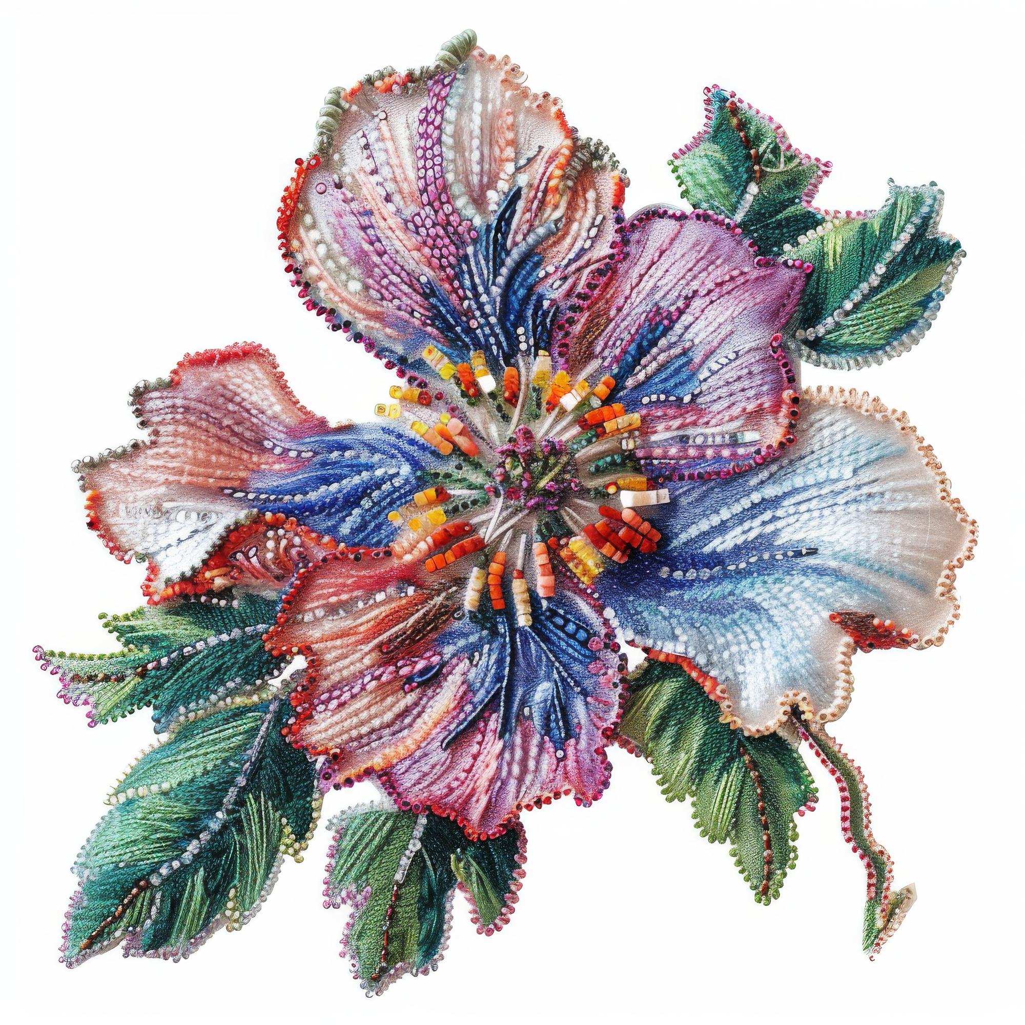 Close-up of colorful embroidered floral patch on linen